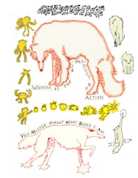 a drawing of a wolf and some other animals